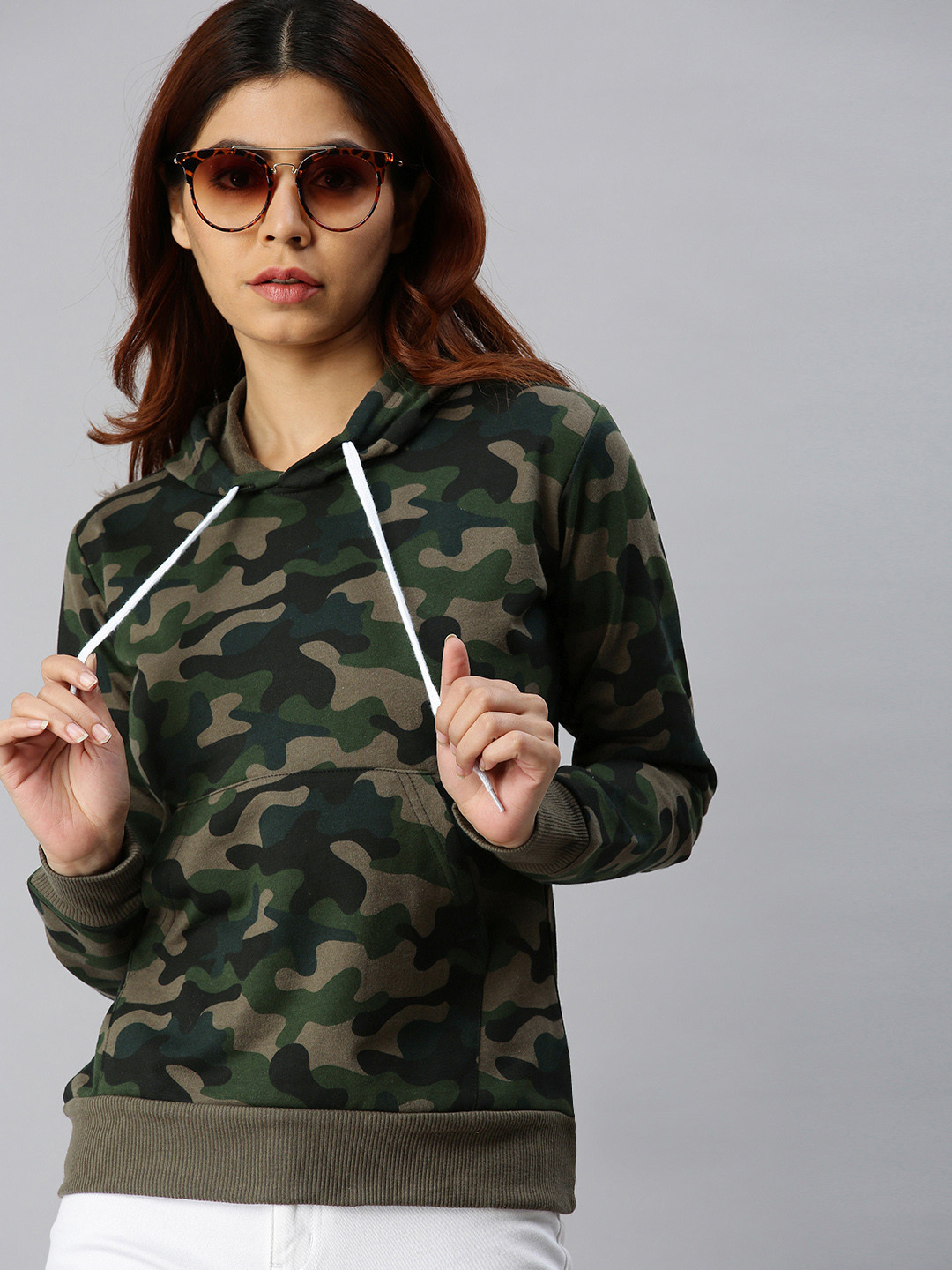 JUNEBERRY Women Olive Green Camouflage Printed Regular Fit Hooded Pullover Sweatshirt