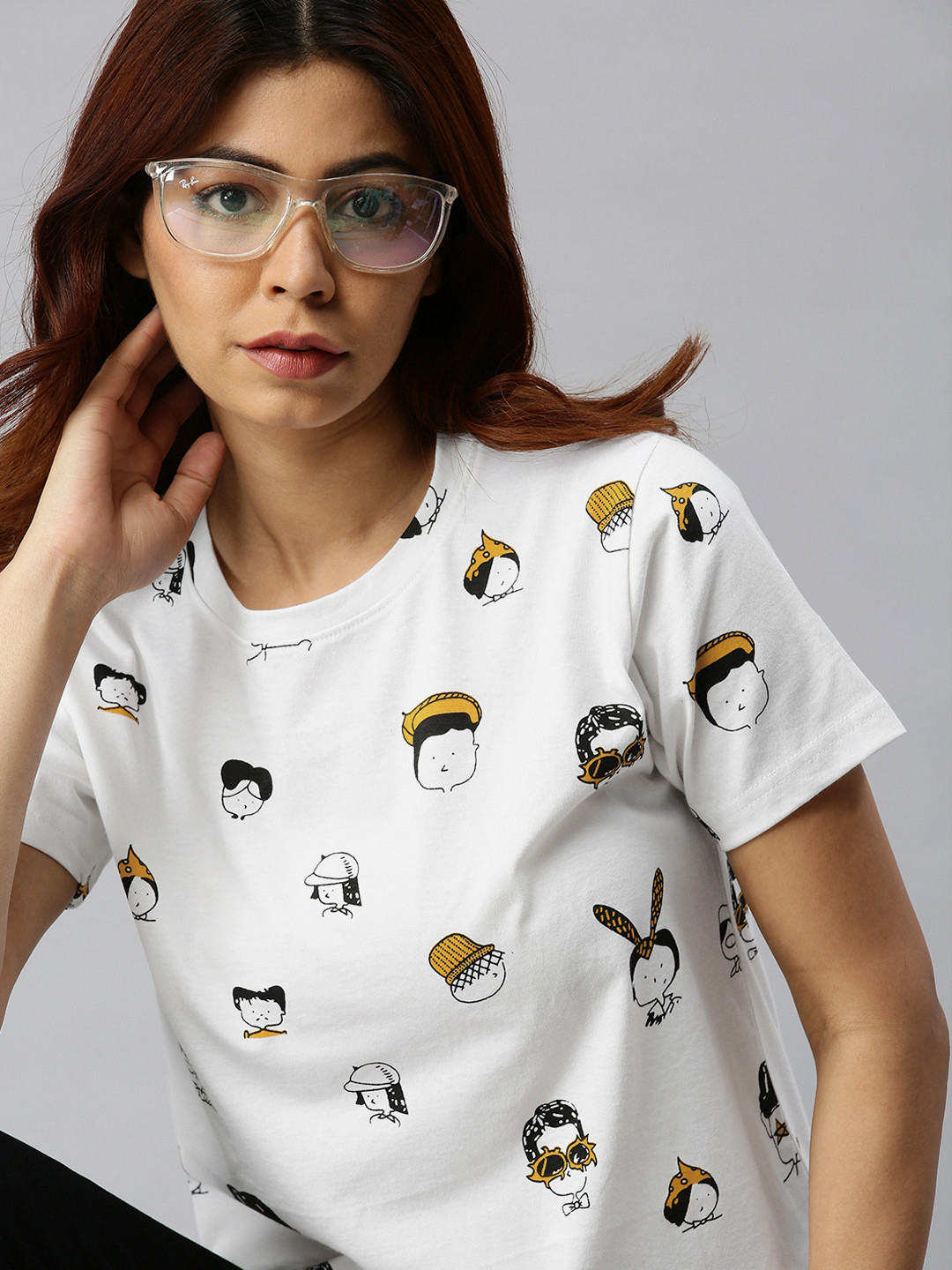 JUNEBERRY Women White All Over Printed Round Neck Regular Fit Pure Cotton T-shirt