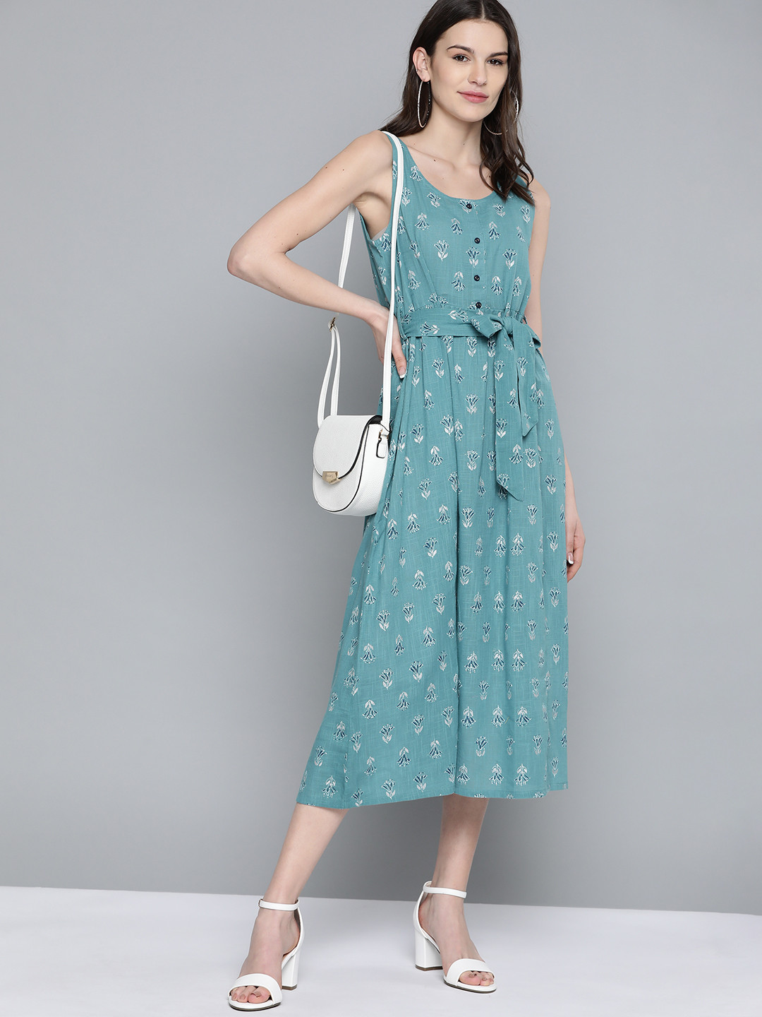 HERE&NOW Green & Navy Blue Floral A-Line Midi Dress