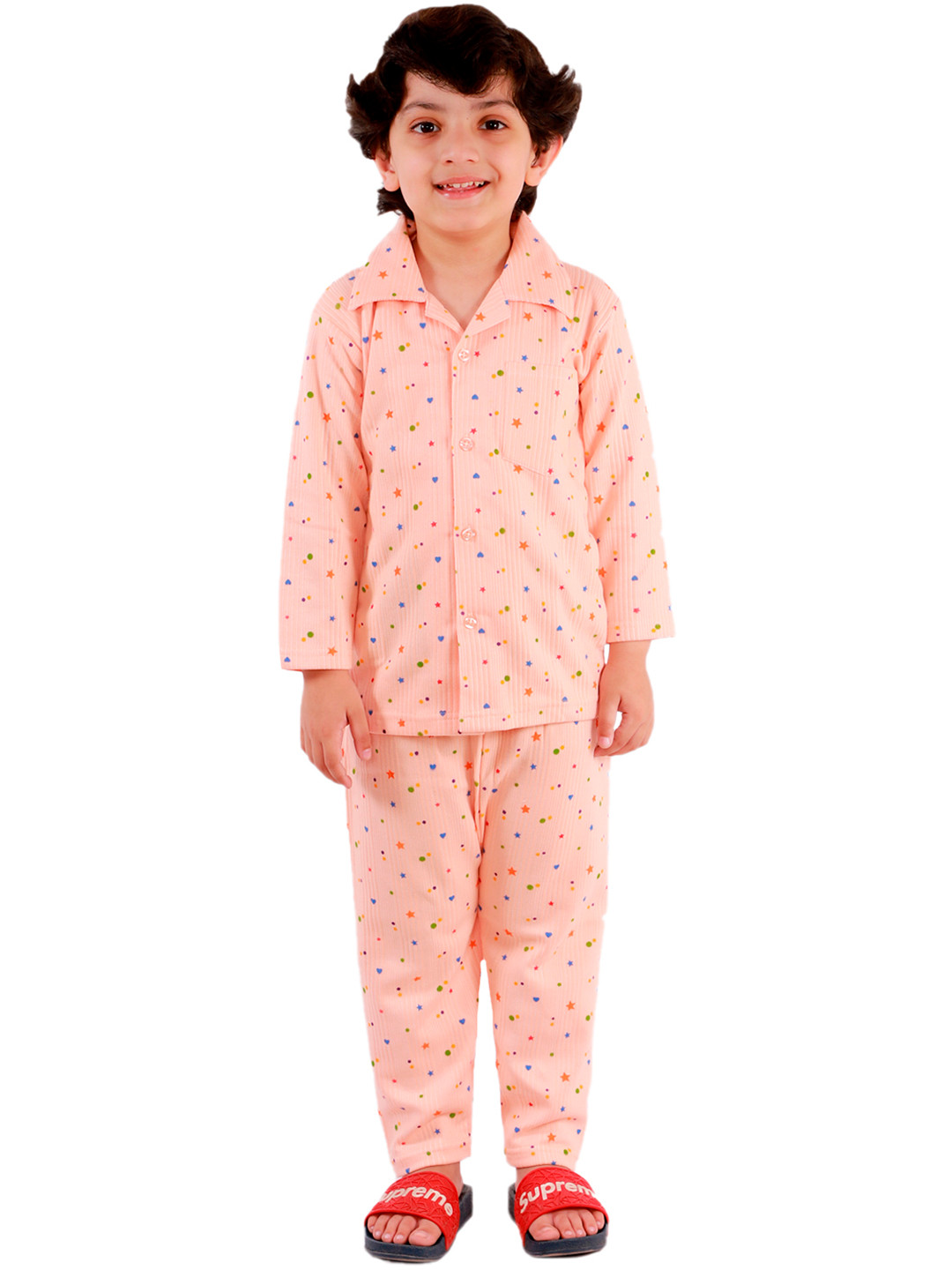 Superminis Unisex Kids Peach-Coloured & Blue Printed Night suit