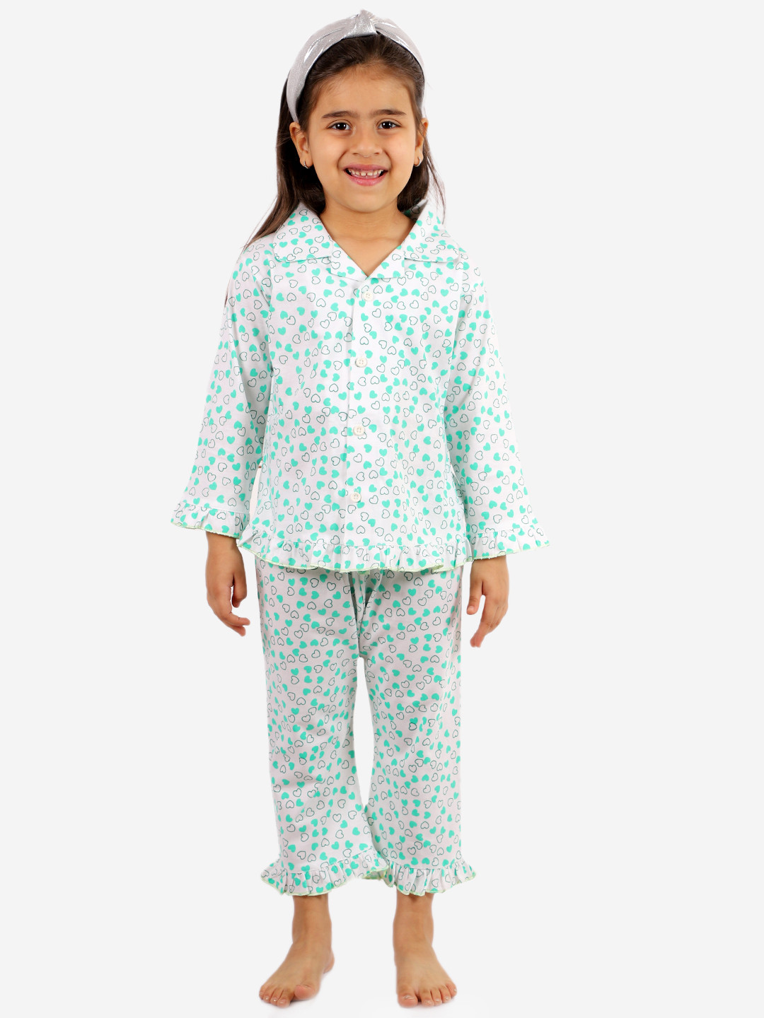 Superminis Girls Green & White Printed Night suit