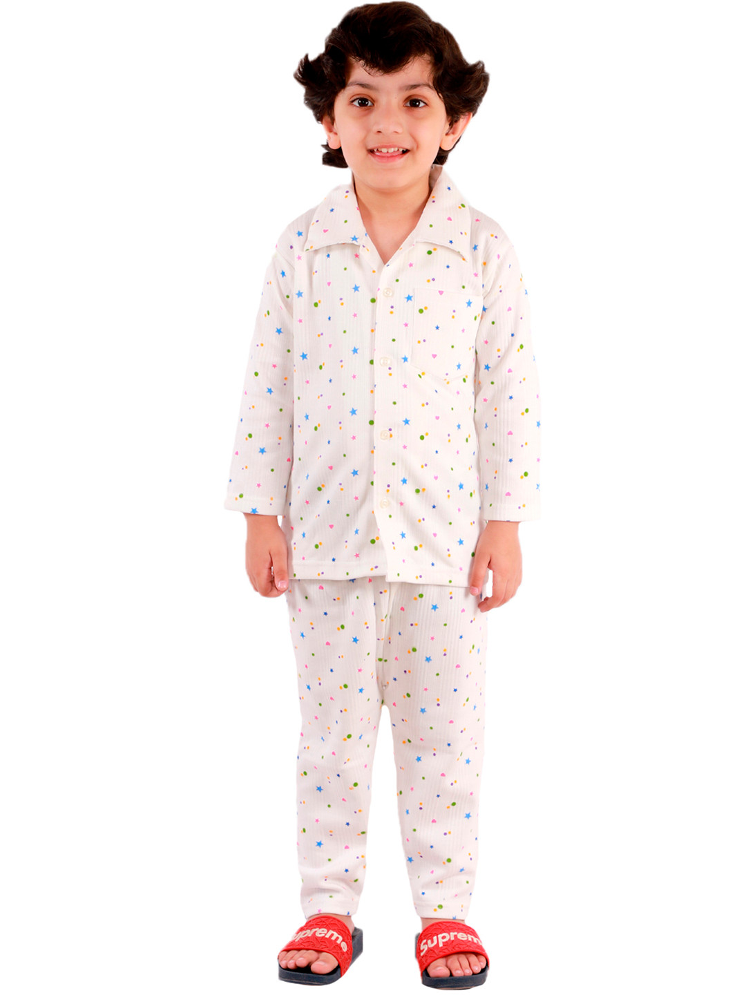 Superminis Unisex Kids White & Blue Printed Night Suit