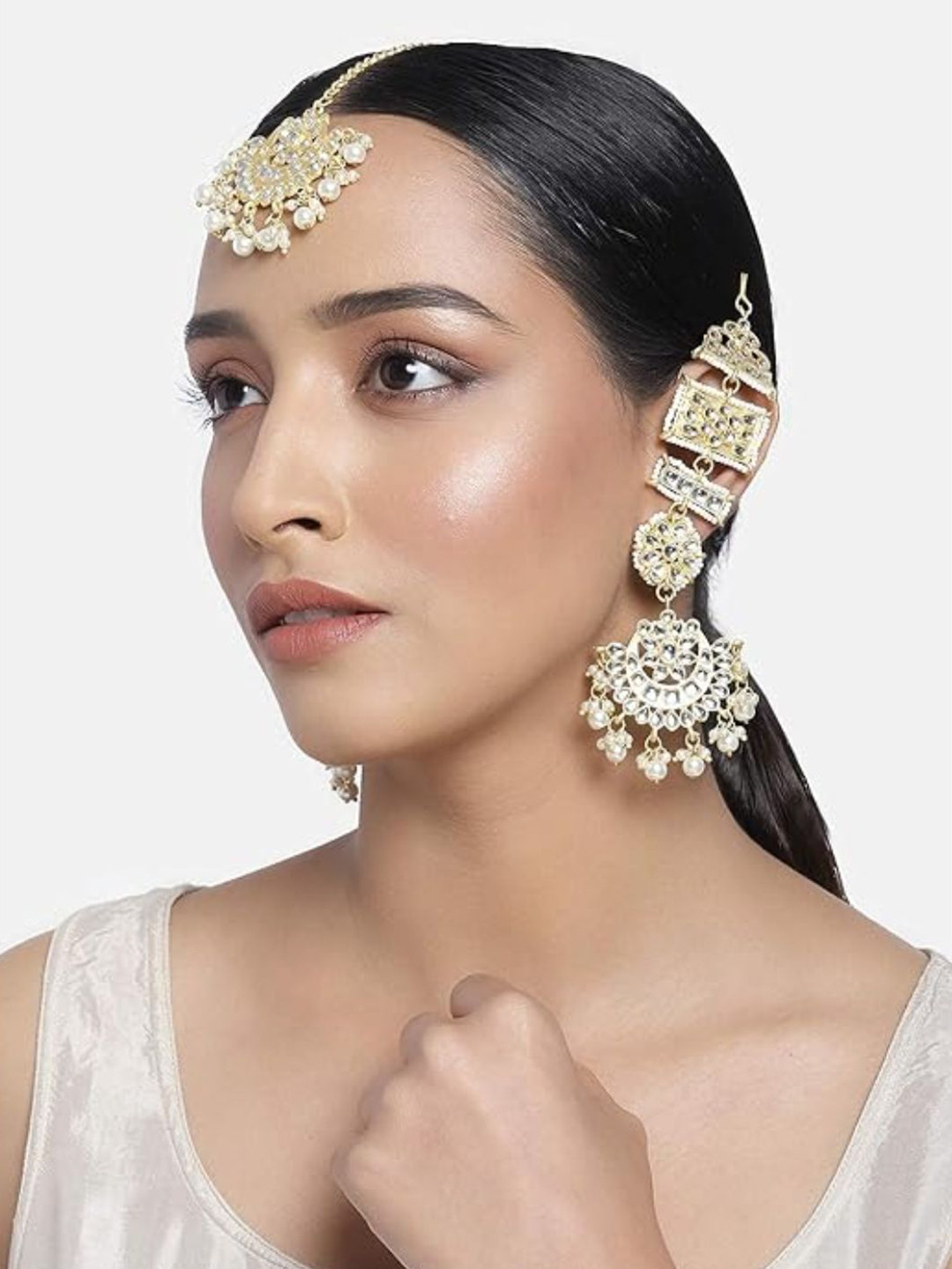 I Jewels Gold Plated Kundan Pearl Studded Handcrafted Maang Tika with Earrings