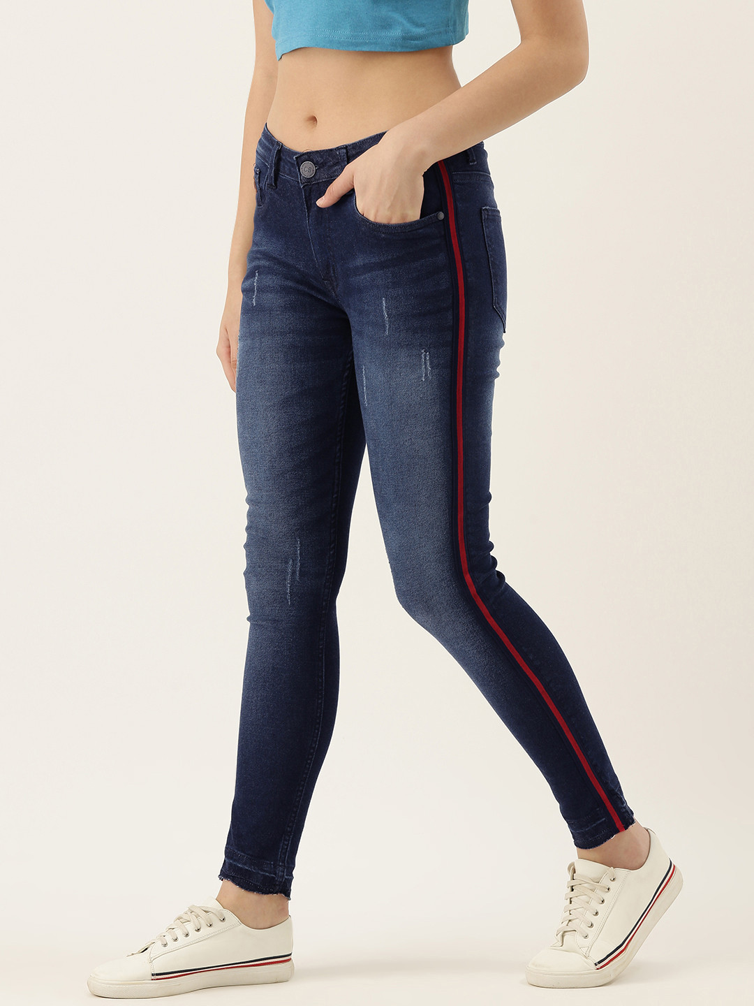 Campus Sutra Women Navy Cotton Slim Fit Mid-Rise Mildly Distressed Jeans with Side Stripe