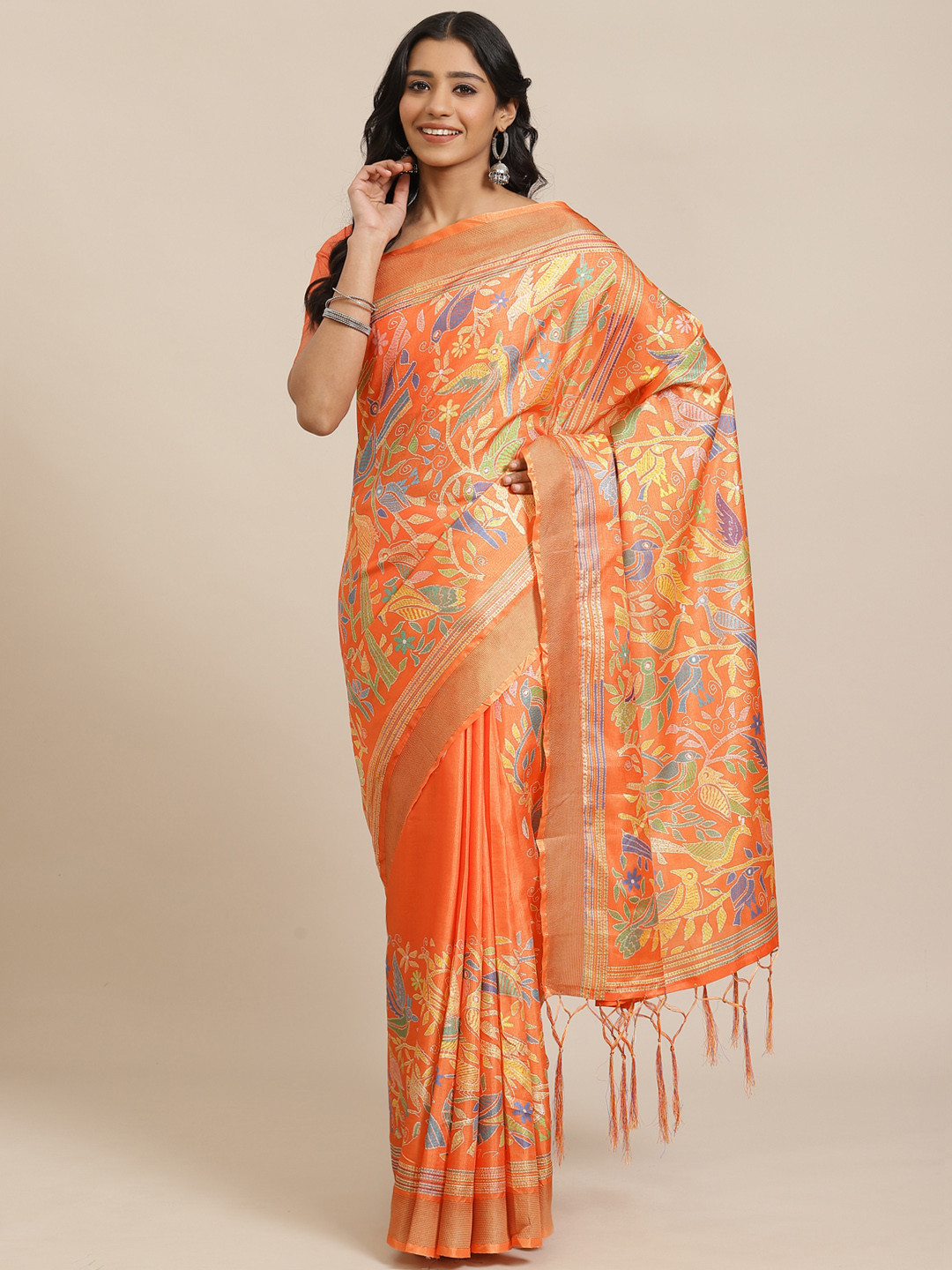 Saree mall Orange & Green Quirky Print Saree