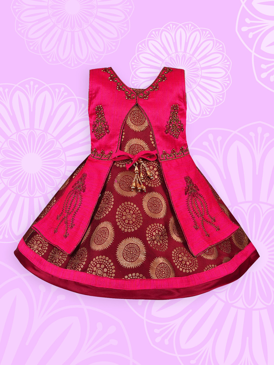 Wish Karo Girls Maroon & Pink Printed Fit and Flare Layered Dress