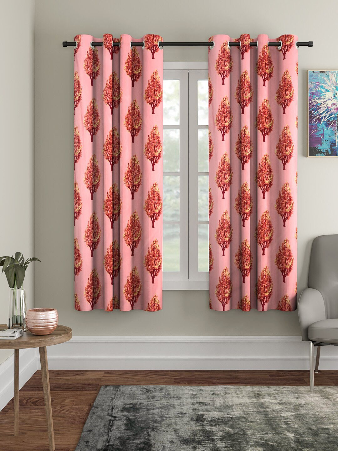 Cortina Pink & Yellow Set of 2 Printed Window Curtains