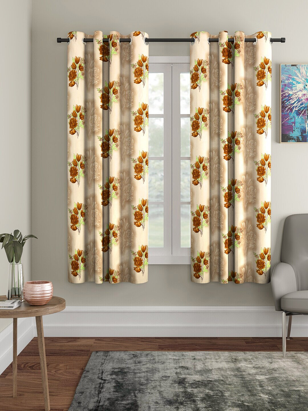 Cortina  Beige & Brown Set of 2 Printed Window Curtains