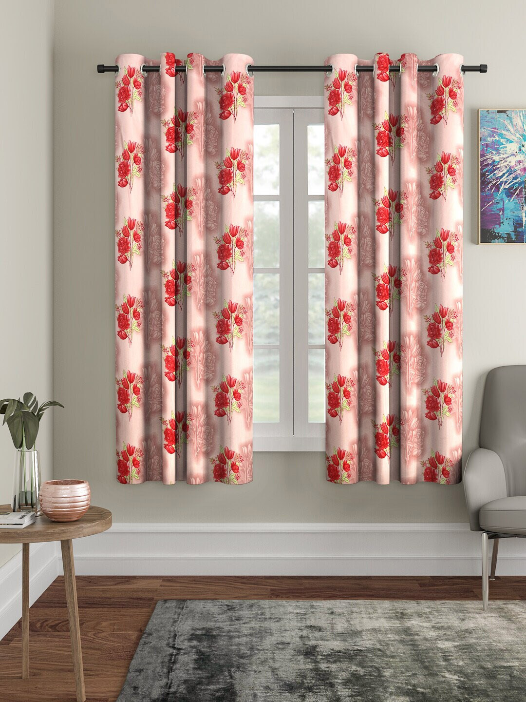 Cortina Pink & Red Set of 2 Floral Printed Window Curtains