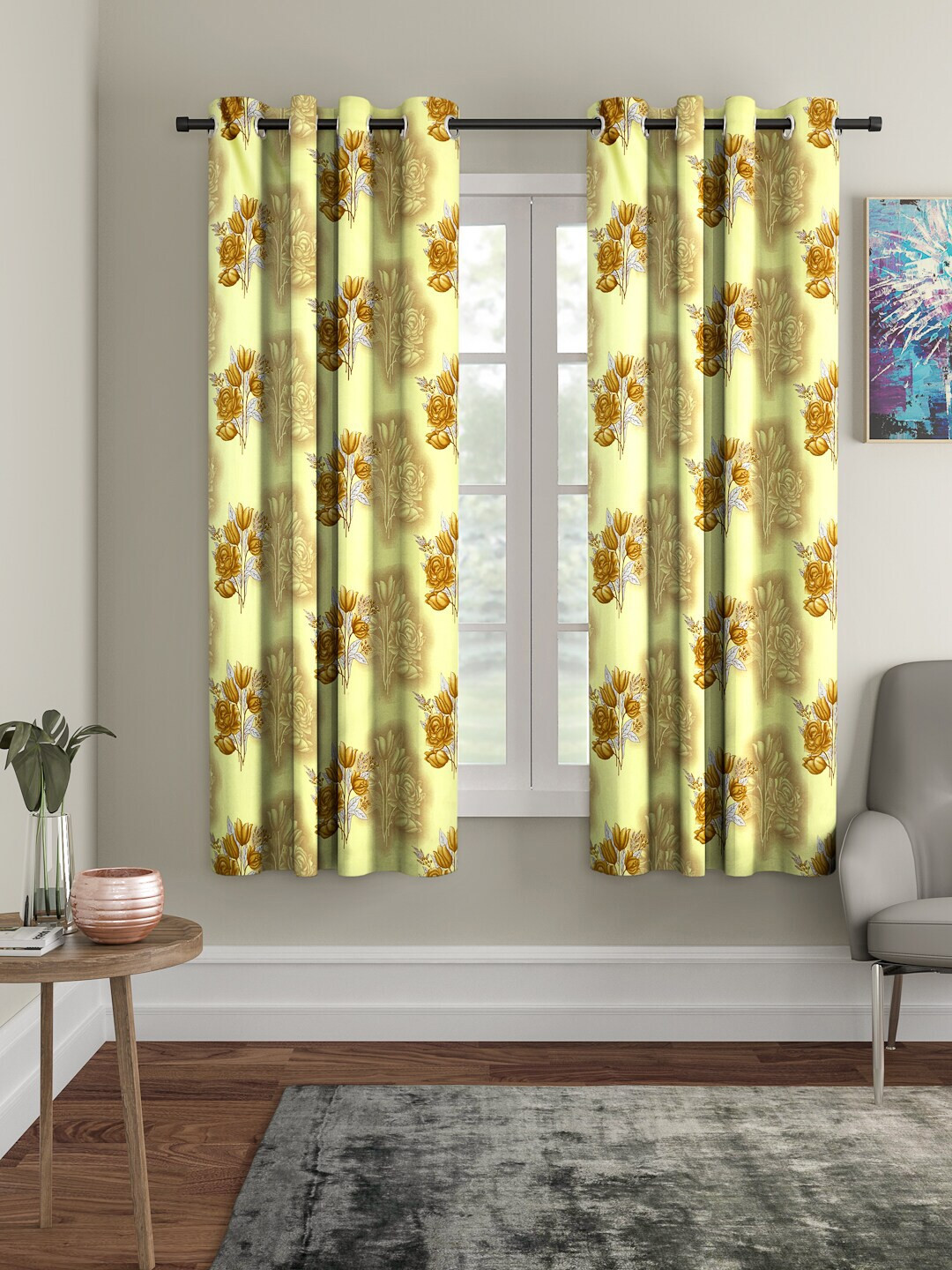 Cortina Yellow & Brown Set of 2 Printed Window Curtains