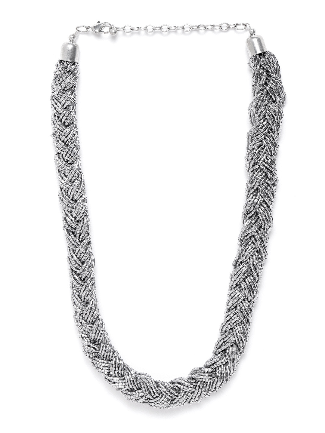 RICHEERA Silver-Toned Glass Beaded Statement Braided Necklace