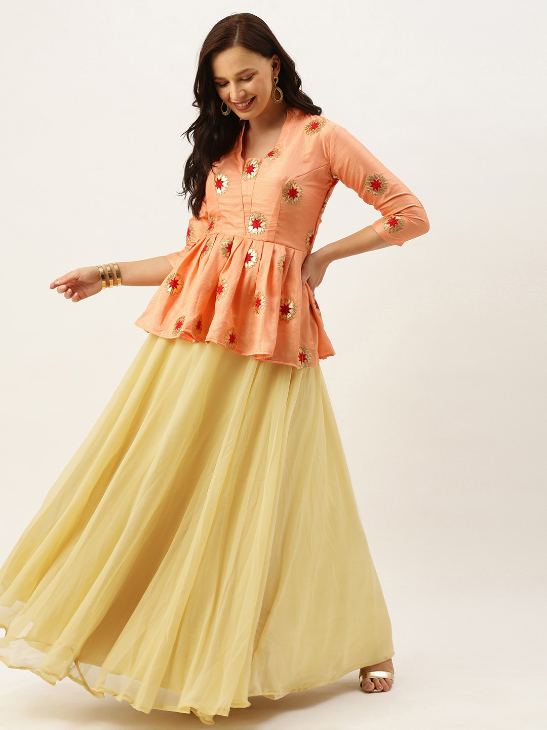 Ethnovog Peach-Coloured  Beige Made to Measure Lehenga with Peplum Blouse
