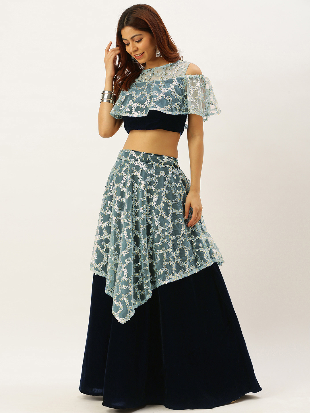 Ethnovog Navy Blue Made to Measure Lehenga with Blouse