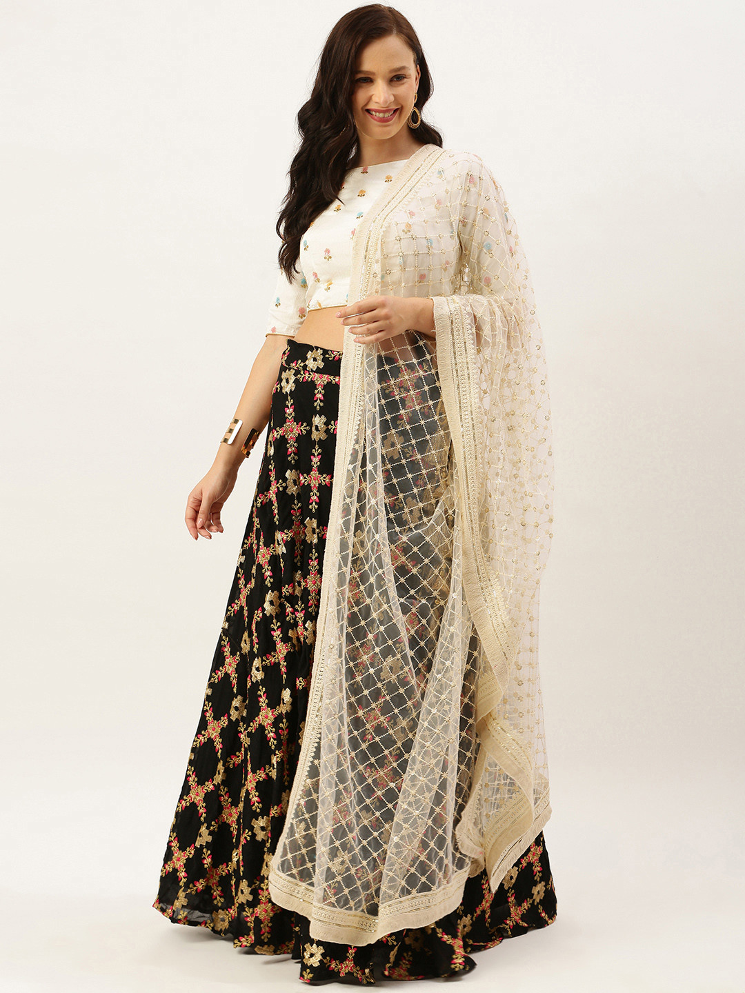 Ethnovog Black  White Embroidered Made to Measure Lehenga  Blouse with Dupatta