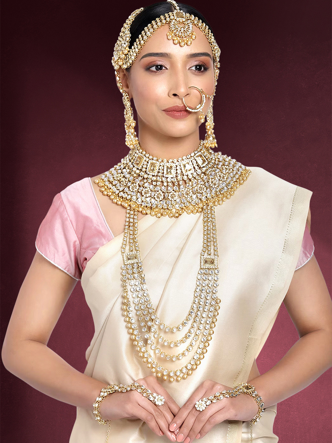 Peora White & Gold-Plated Kundan Studded Bridal Jewellery Set