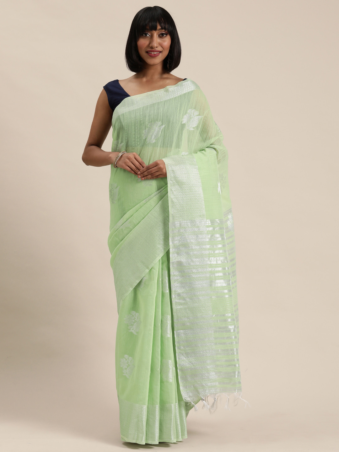 Mitera Lime Green & Silver Ethnic Woven Design Saree