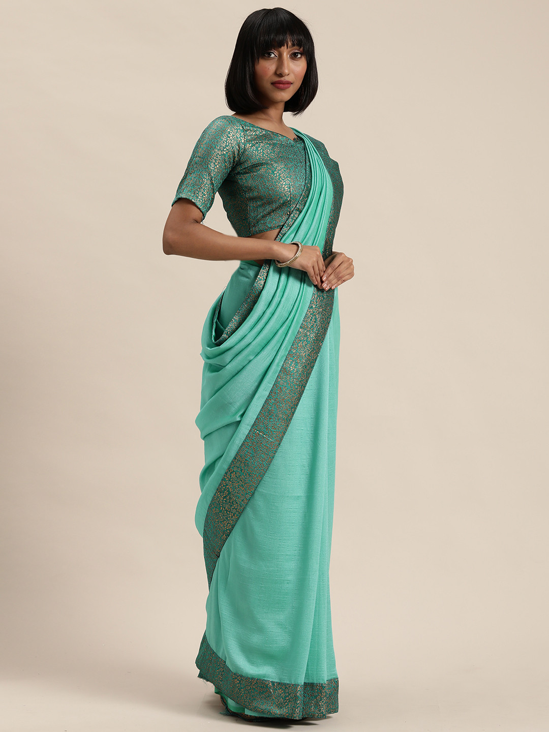 Mitera Turquoise Blue & Gold-Toned Solid Silk Blend Saree
