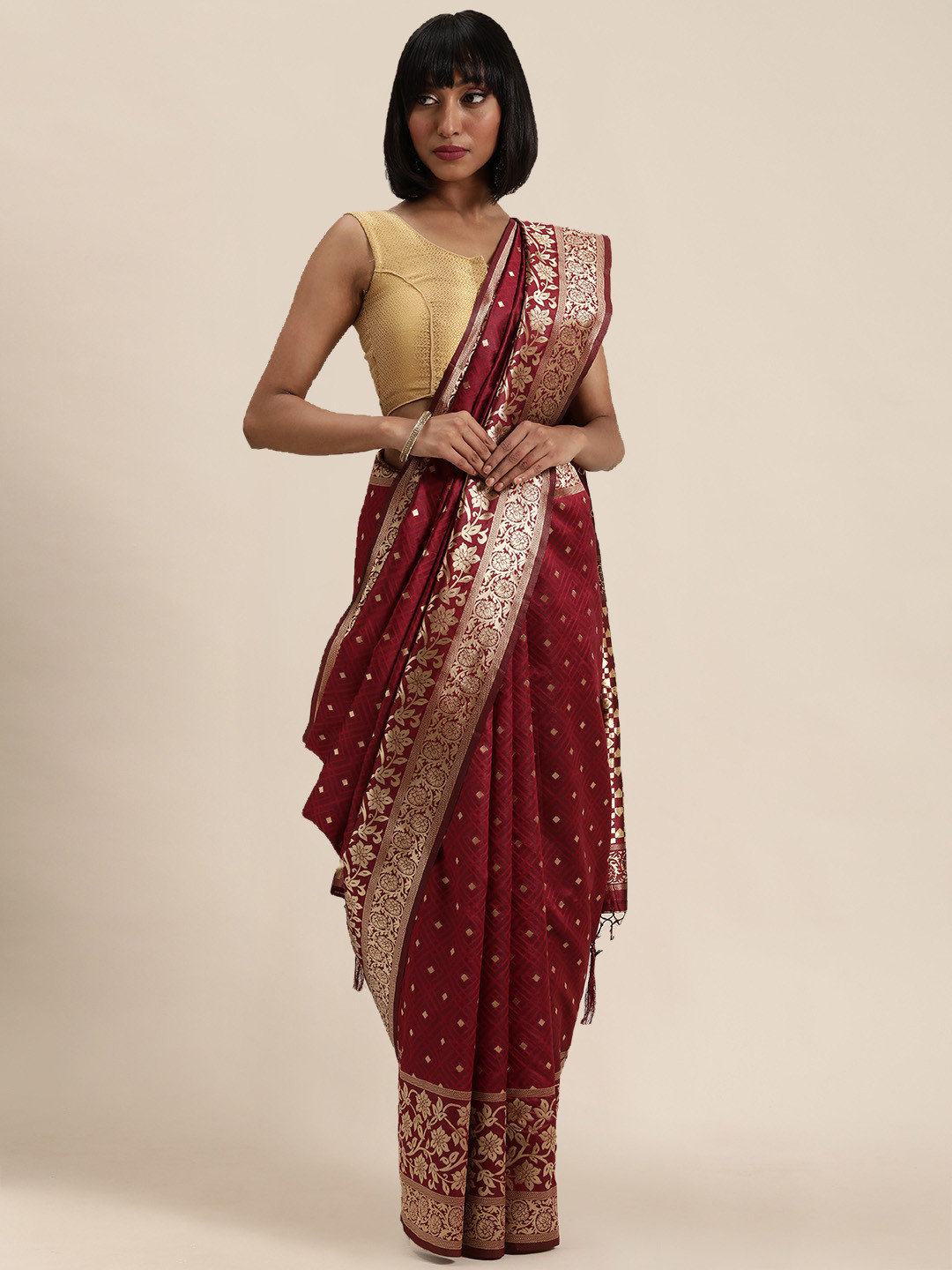 Mitera Maroon & Golden Woven Design Saree