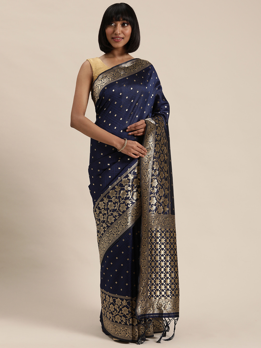 Mitera Navy Blue Woven Design Silk Blend Saree