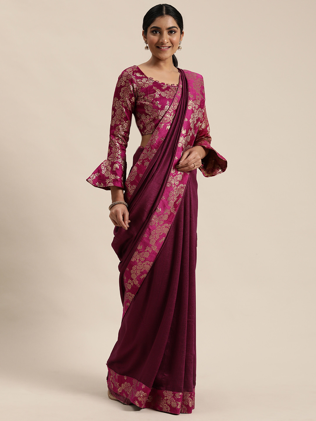 Mitera Magenta Pink & Gold-Toned Silk Blend Solid Saree