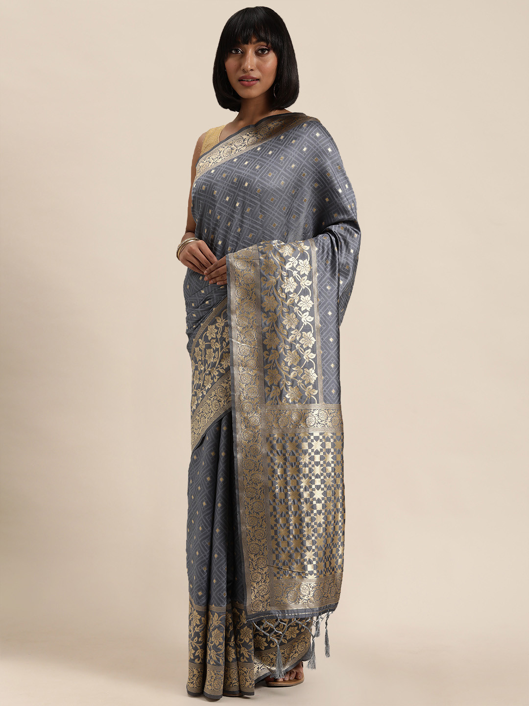 Mitera Grey & Silver-Toned Silk Blend Woven Design Saree