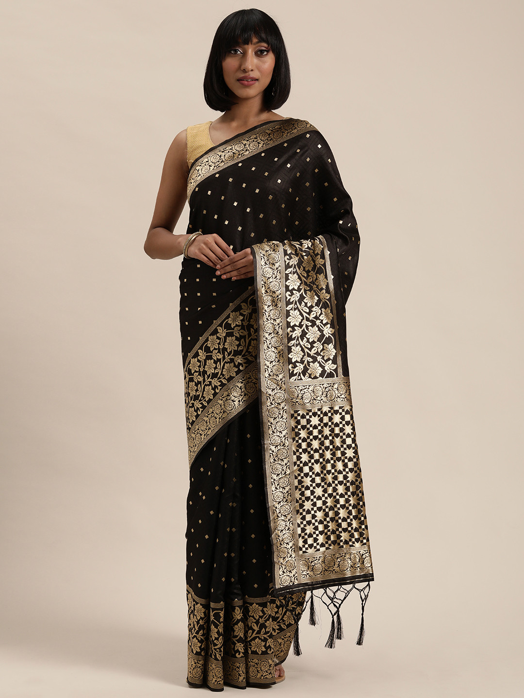 Mitera Black & Gold-Toned Woven Design Silk Blend Saree