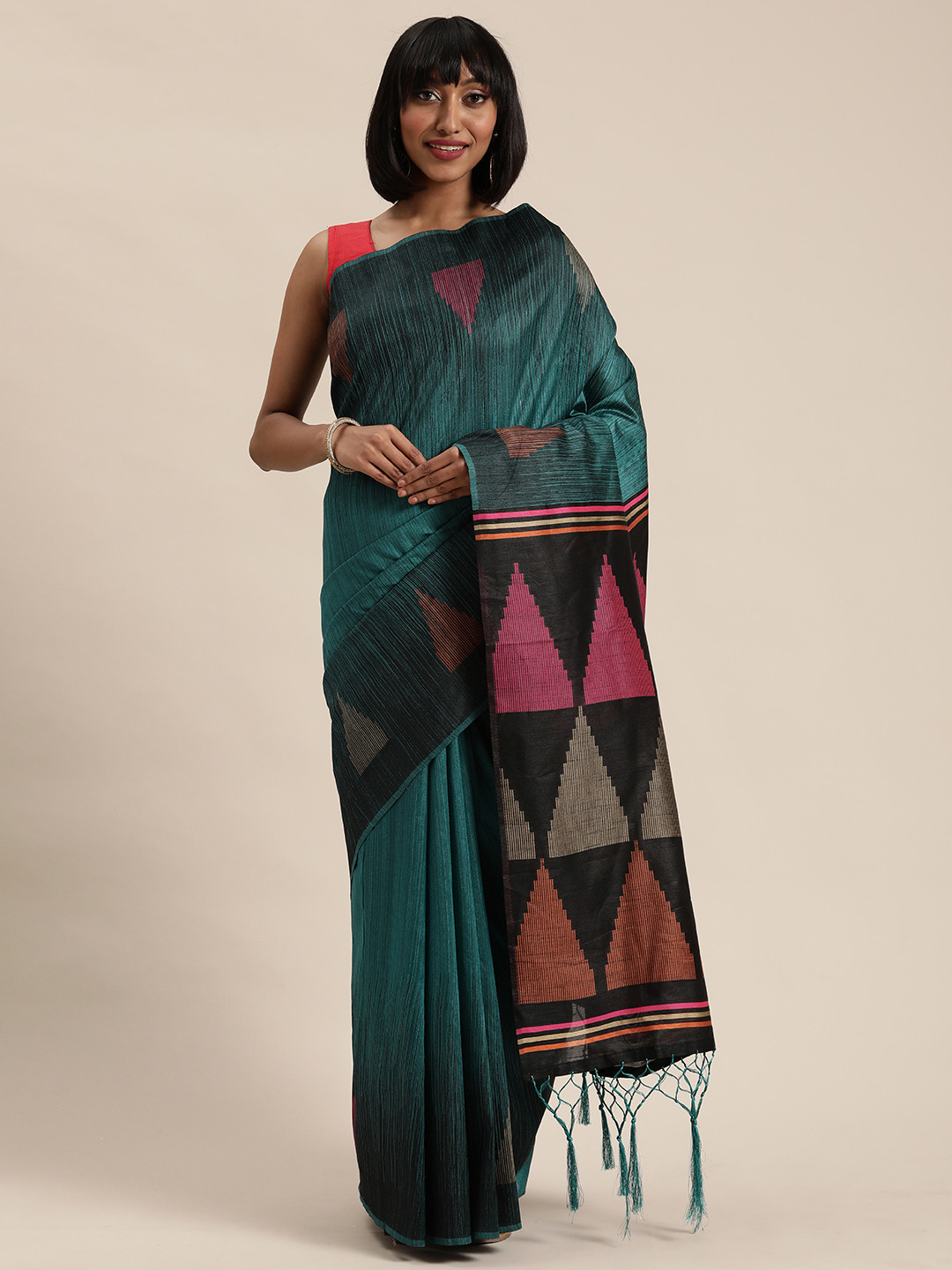 Mitera Teal Blue & Pink Printed Saree