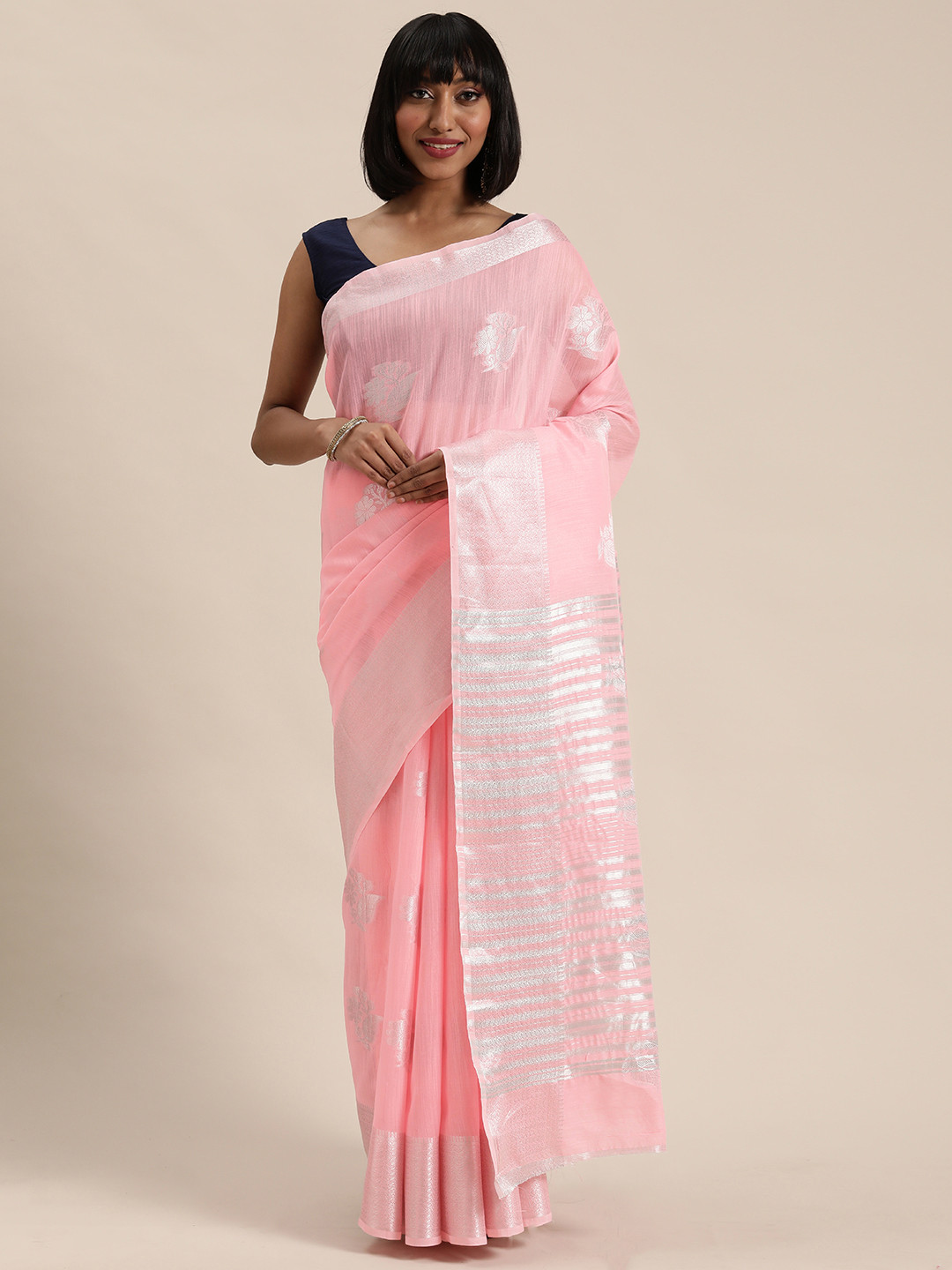 Mitera Pink & Silver Ethnic Woven Design Saree