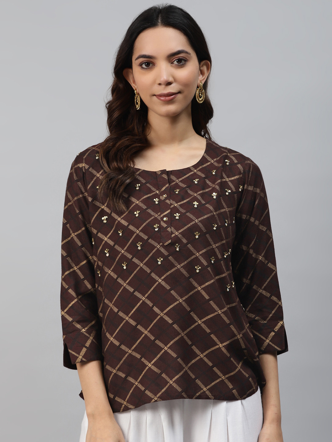 HIGHLIGHT FASHION EXPORT Coffee Brown & Golden Checked Hand Embroidered Top