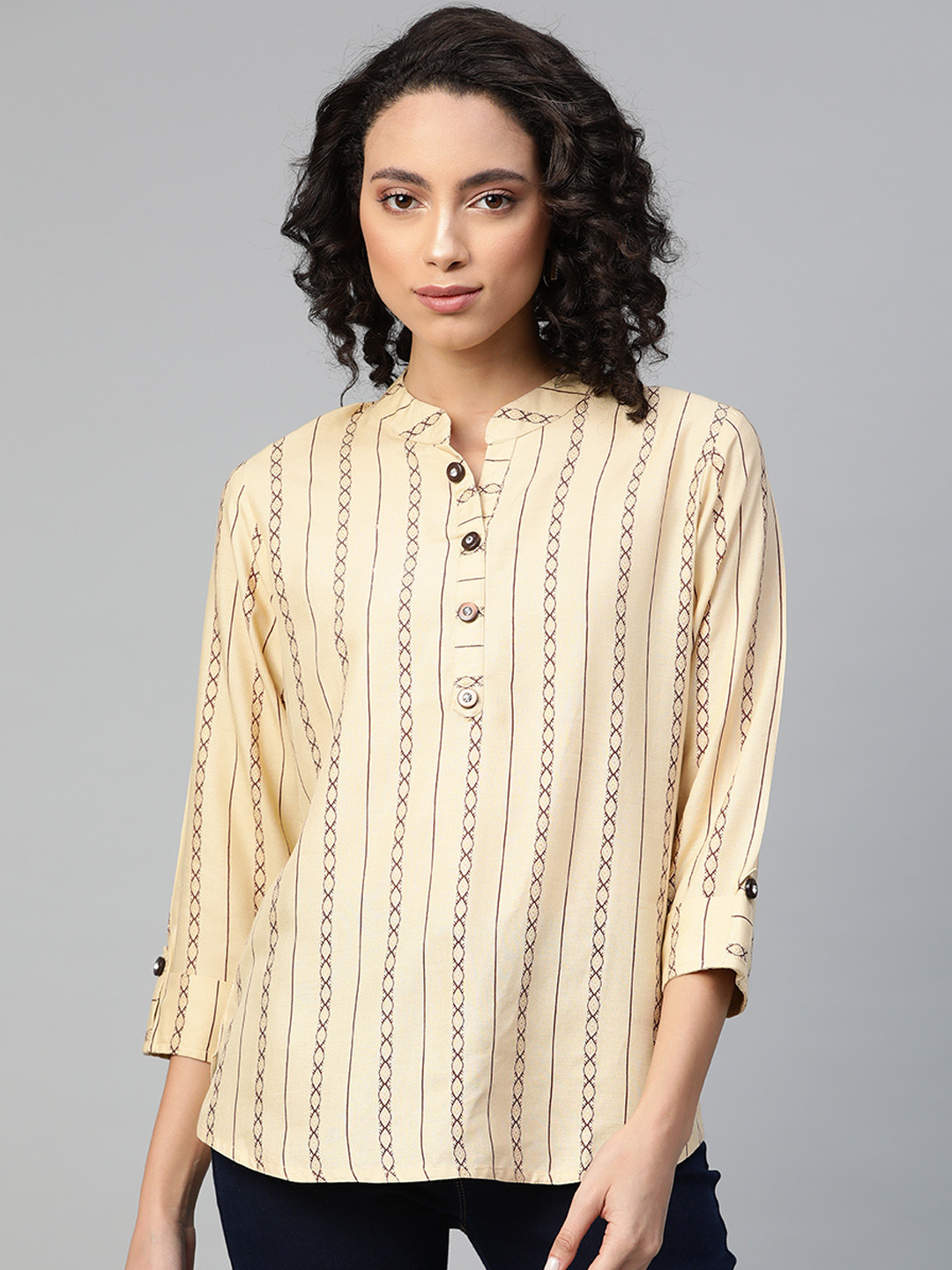 HIGHLIGHT FASHION EXPORT Beige & Maroon Foil Printed Mandarin Collar Roll-Up Sleeves Top