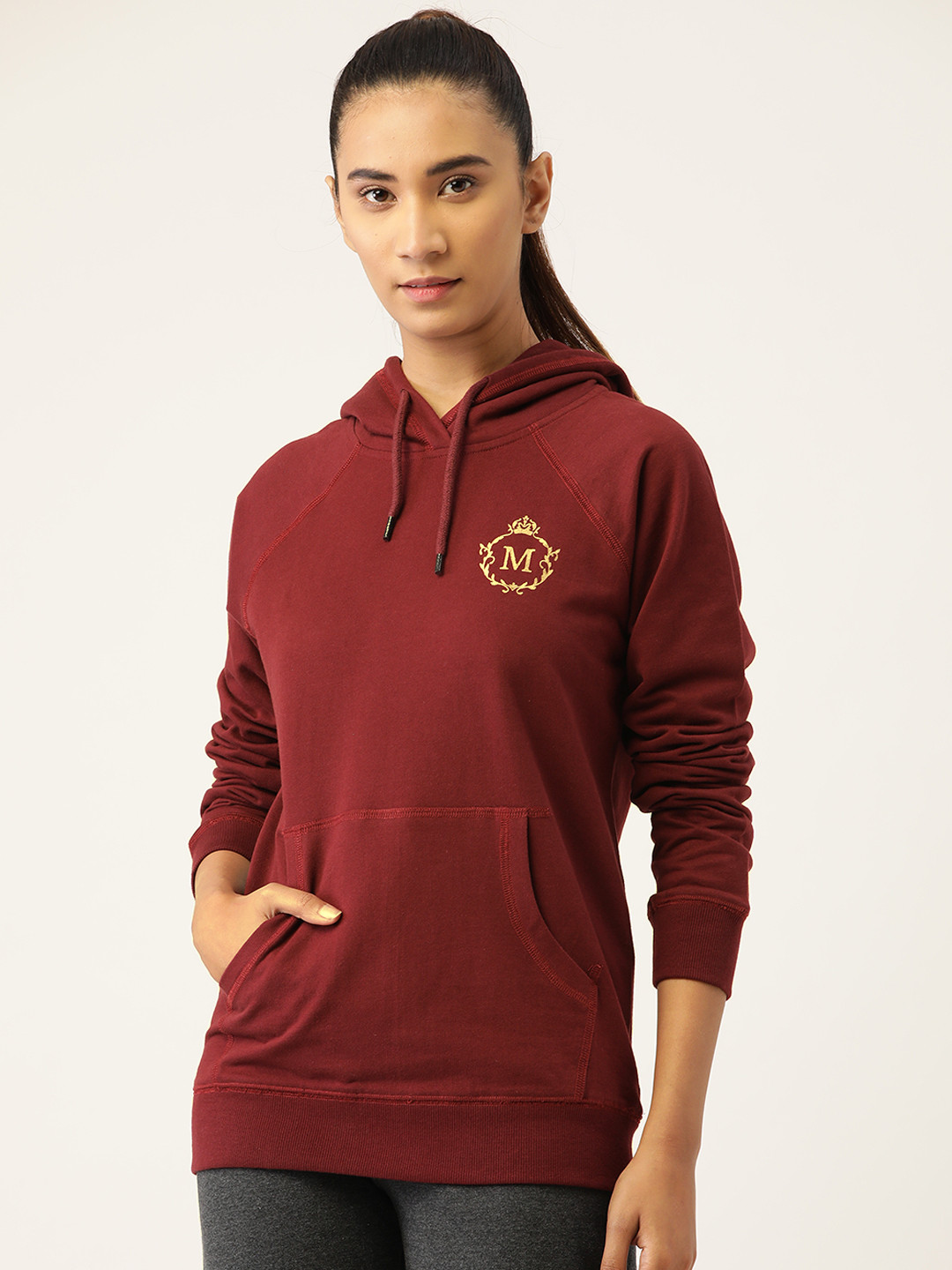 MABISH by Sonal Jain Women Maroon & Golden Cotton Brand Logo Hooded Sweatshirt