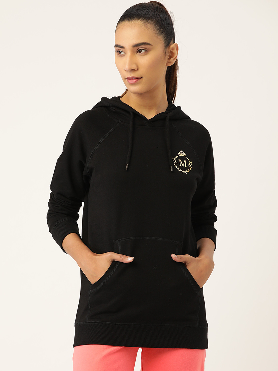 MABISH by Sonal Jain Women Black & Golden Cotton Brand Logo Hooded Sweatshirt
