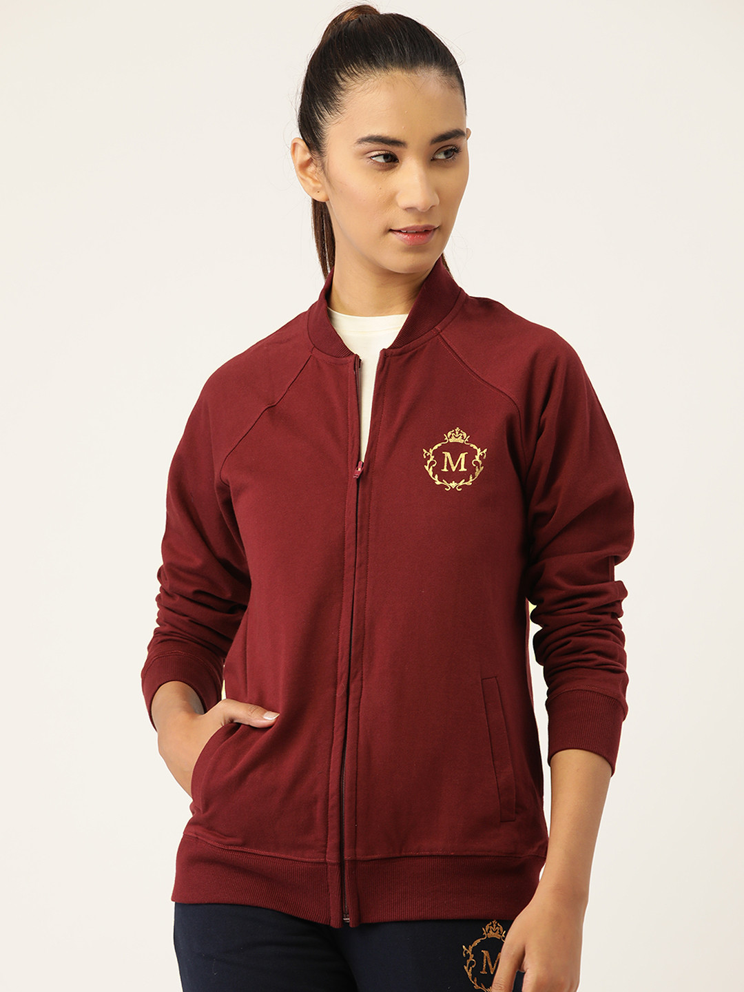MABISH by Sonal Jain Women Maroon & Golden Cotton Brand Logo Printed Sweatshirt