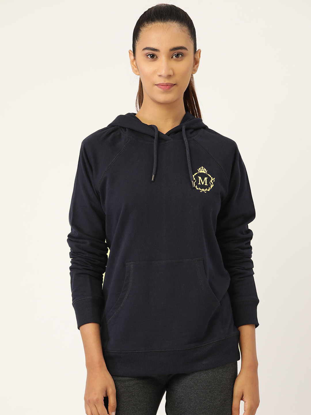 MABISH by Sonal Jain Women Navy Blue & Golden Cotton Brand Logo Hooded Sweatshirt