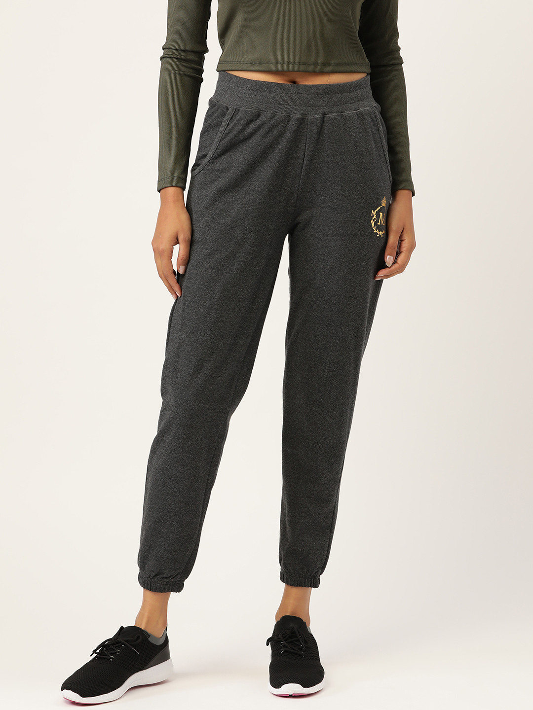 MABISH by Sonal Jain Women Charcoal Grey Solid Slim Fit Cotton Cropped Joggers