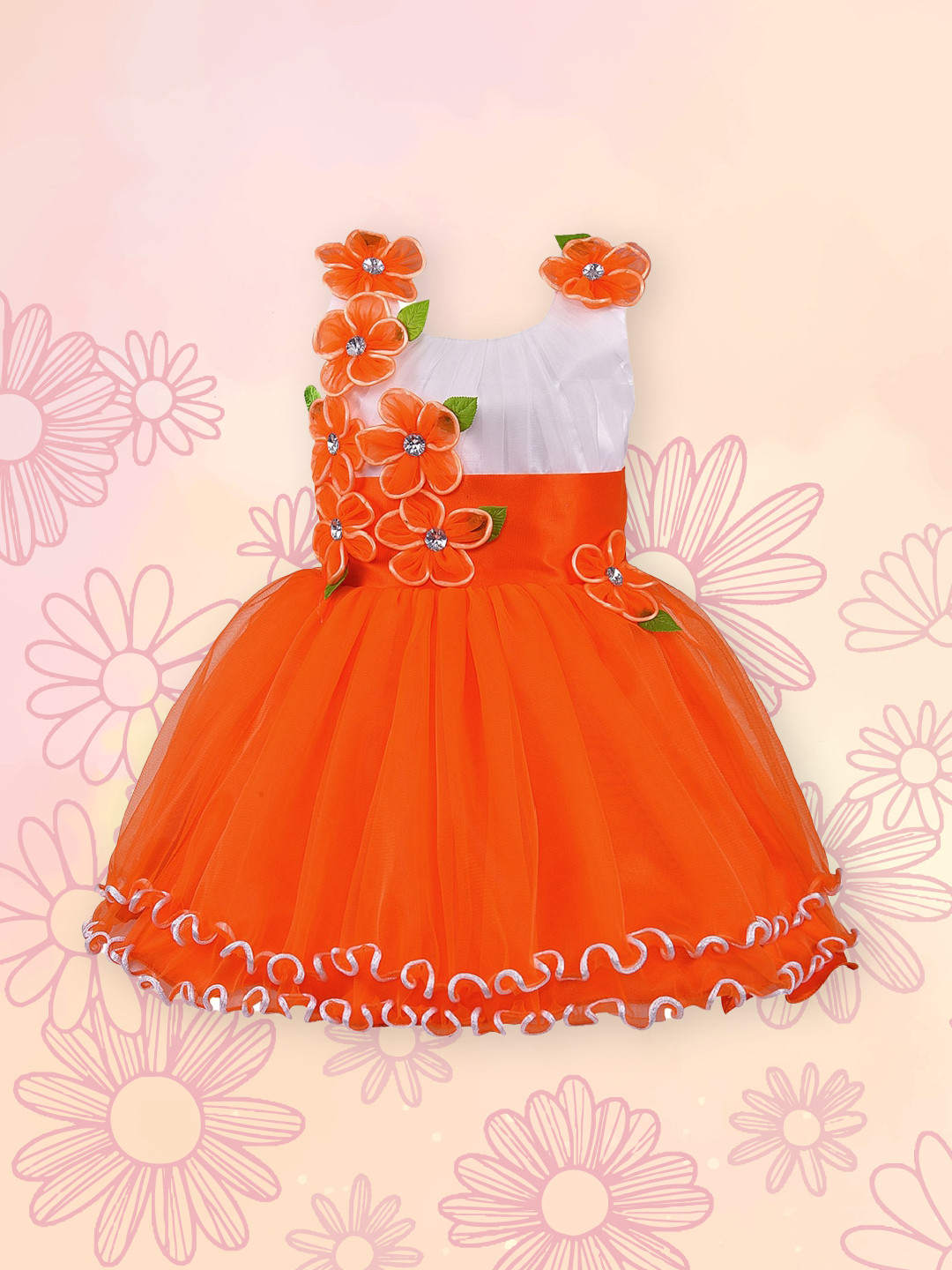 Wish Karo Girls Orange & White Colorblocked Fit and Flare Dress