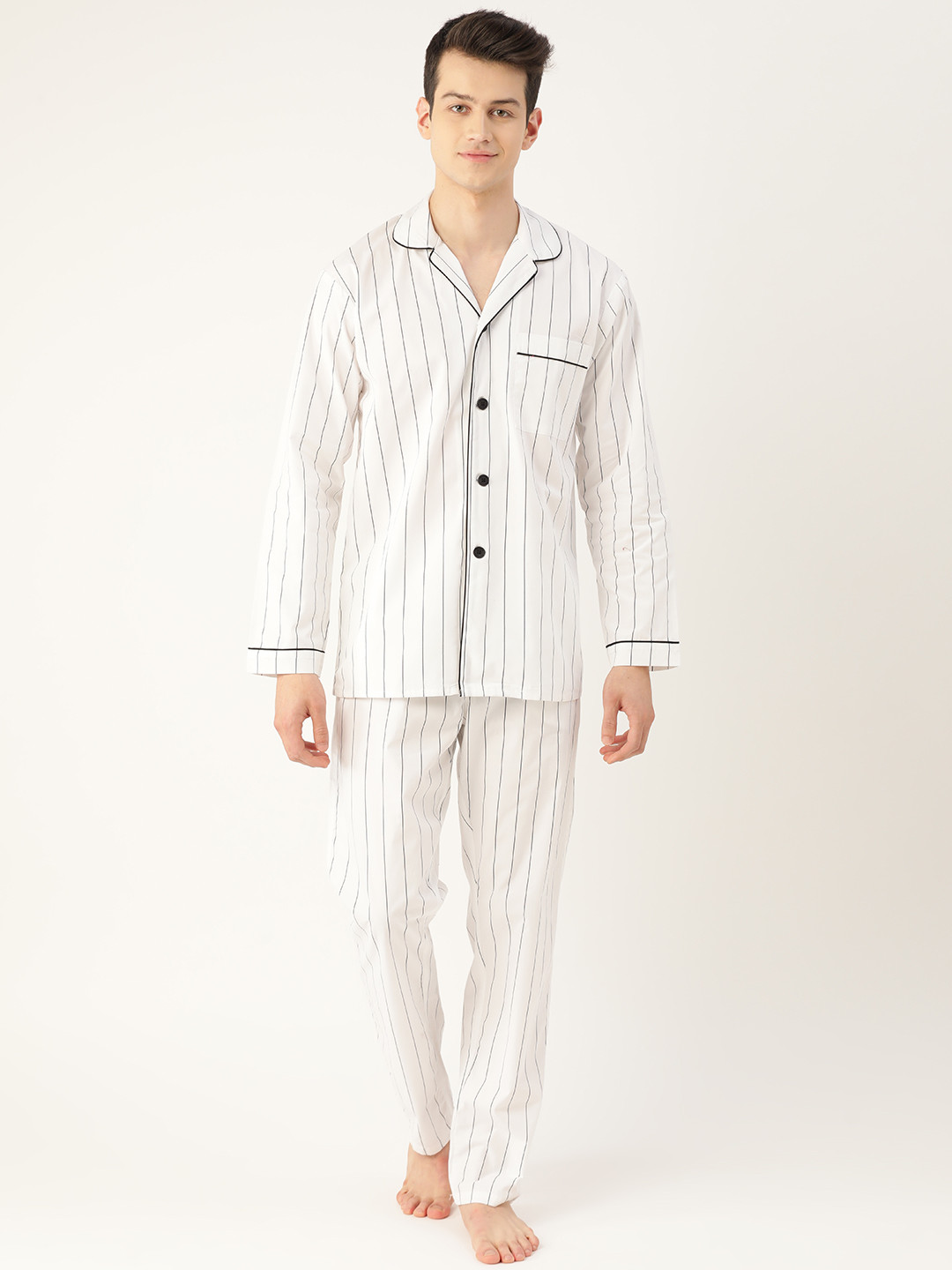 Hancock Men White & Black Pure Cotton Striped Nightsuit