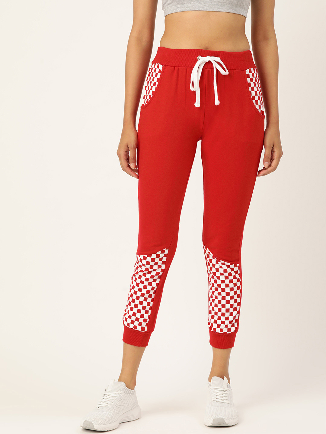 The Dry State Women Red Pure Cotton Slim Fit Checked Detail Cropped Joggers