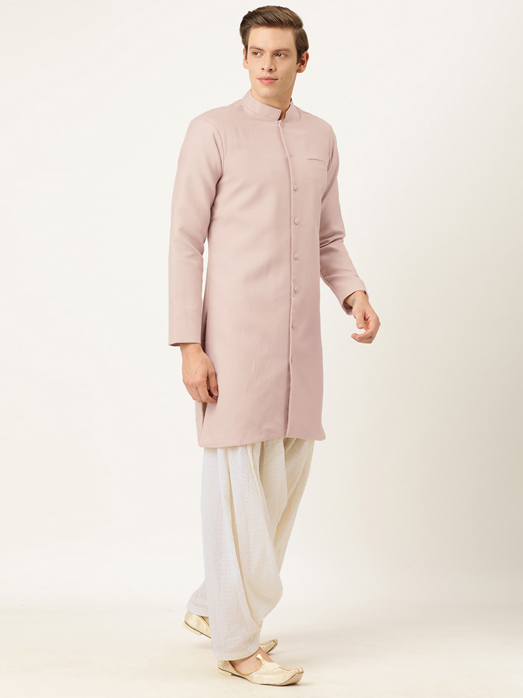Ethnovog Men Made To Measure Pink  White Solid Kurta with Patiala