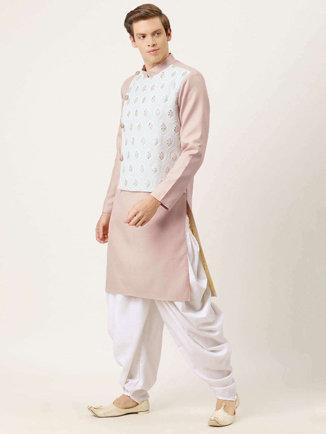 Ethnovog Men Pink  White Embroidered Made To Measure Kurta with Dhoti Pants