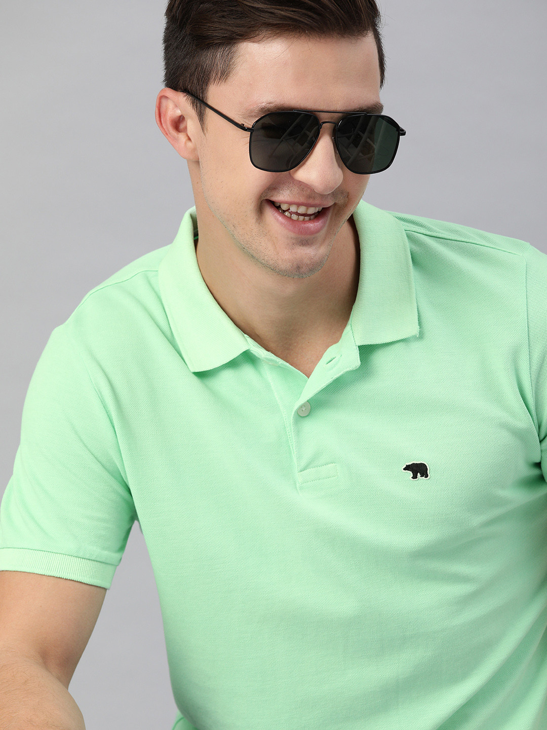 THE BEAR HOUSE Men Green Solid Polo Collar Pure Cotton Slim Fit T-shirt
