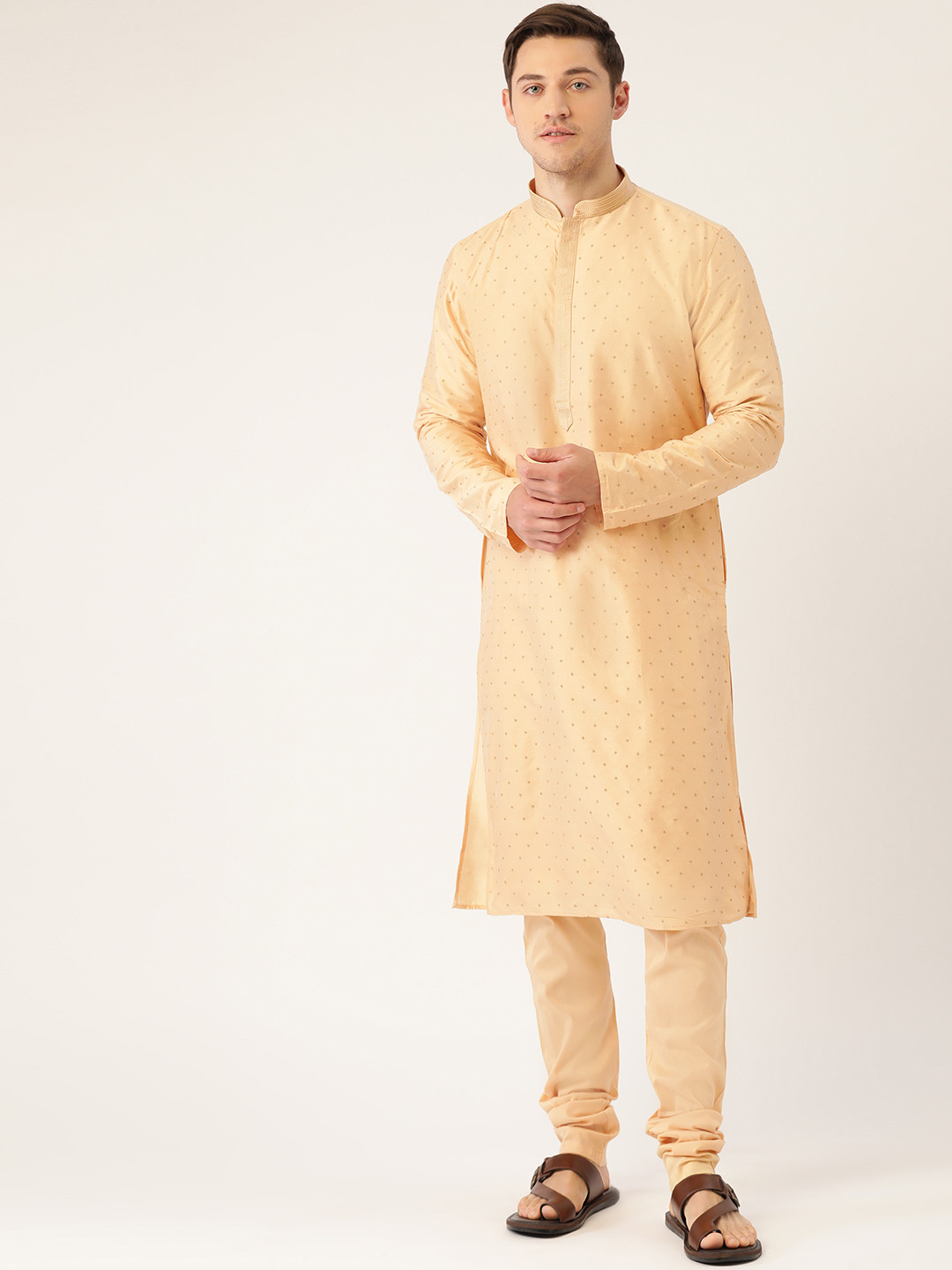 Manyavar Men Beige & Golden Zari Embroidered Kurta with Churidar