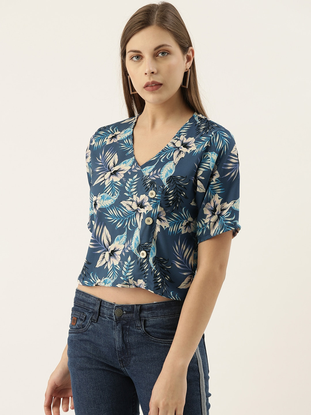 Campus Sutra Blue Floral Printed Crop Top