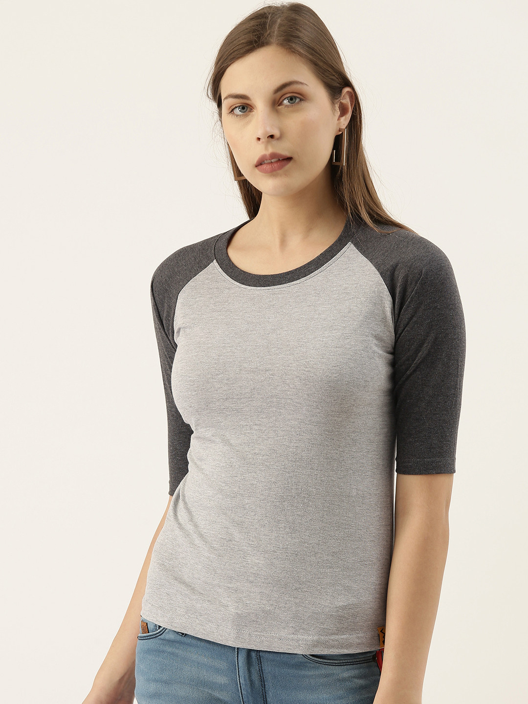 Campus Sutra Charcoal Colourblocked Raglan Sleeve Top