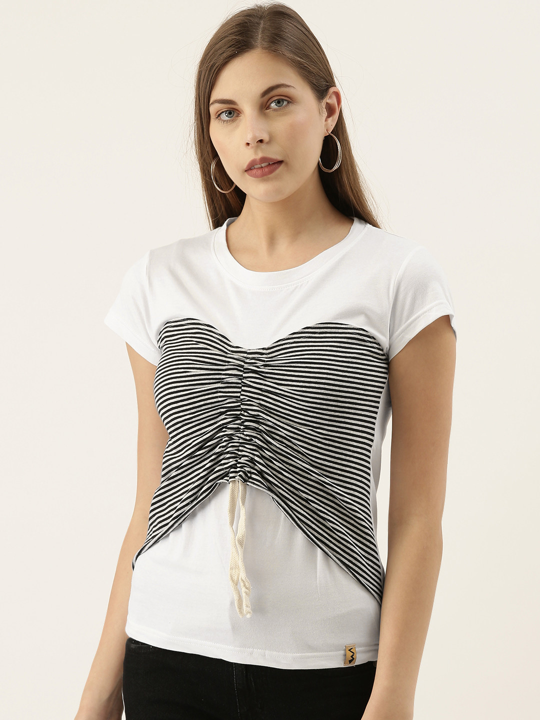 Campus Sutra White & Black Striped Monochrome Top with Tie-Ups