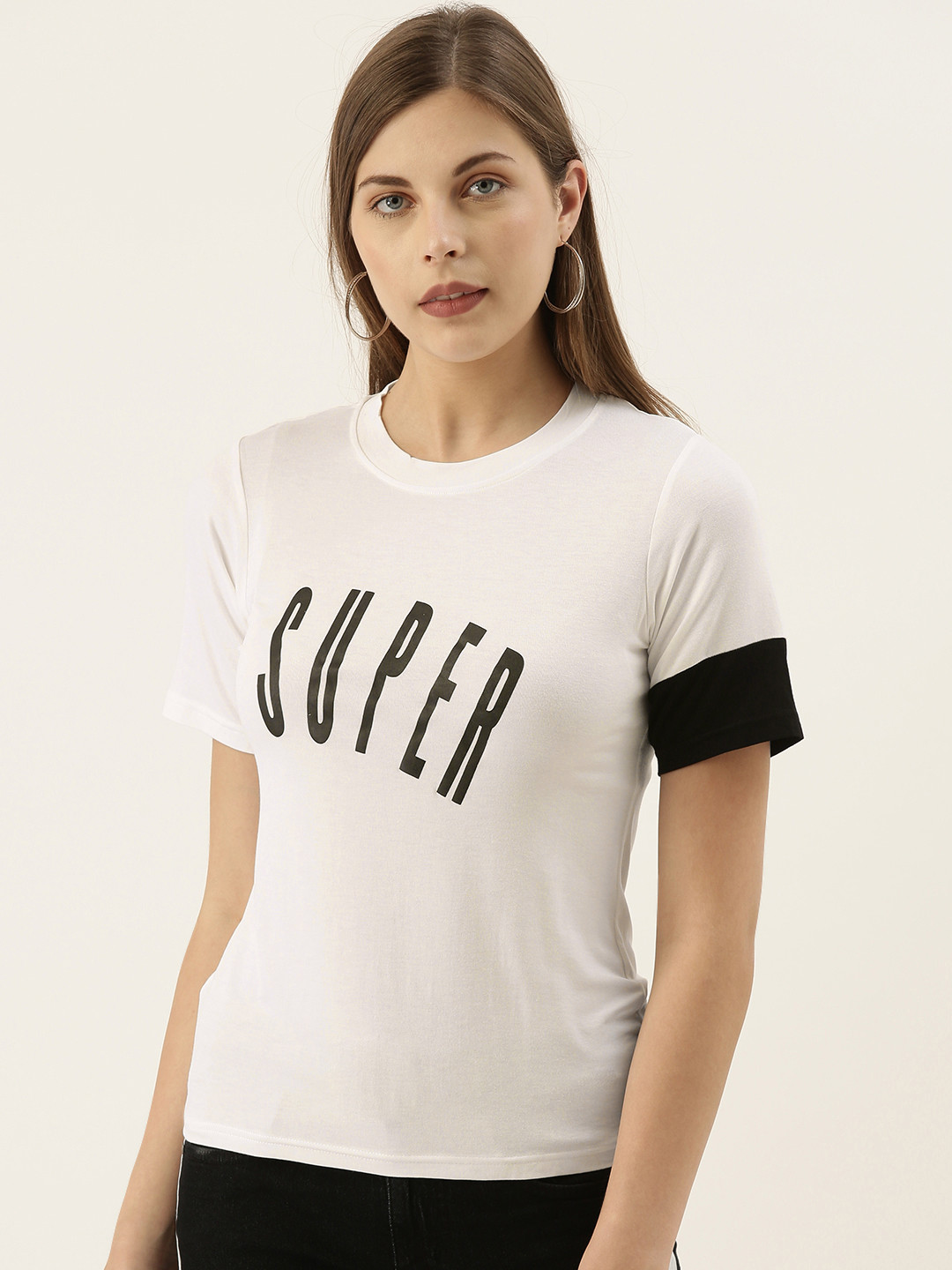 Campus Sutra Women White Printed Round Neck T-shirt