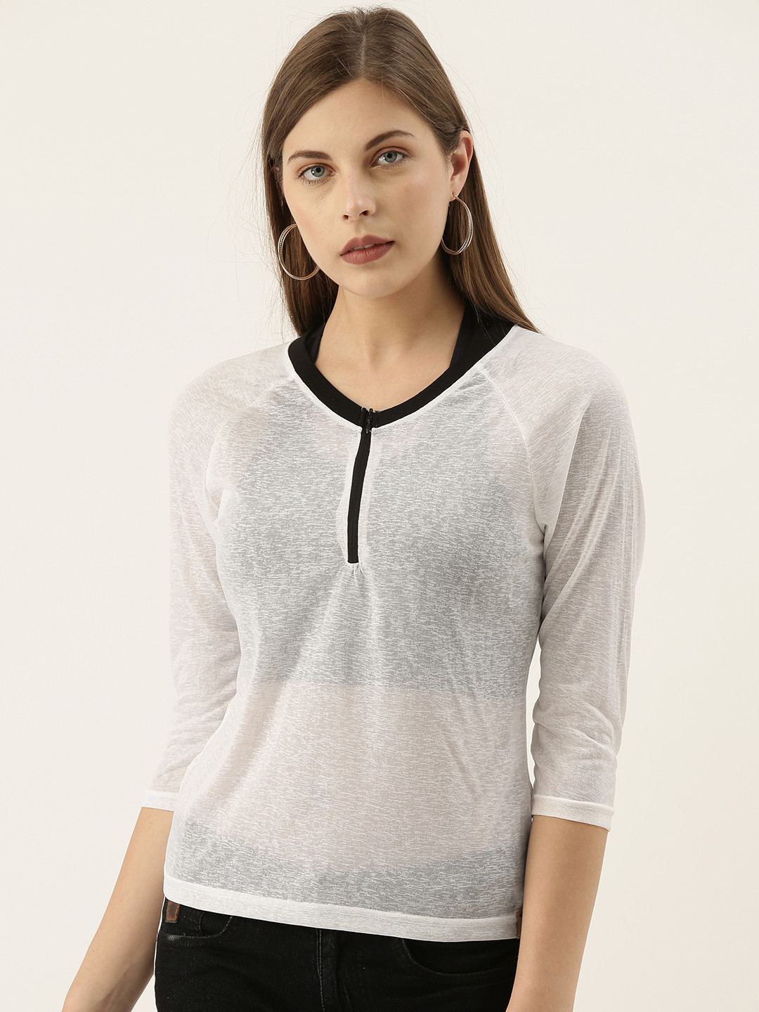 Campus Sutra White Solid Semi-Sheer Top