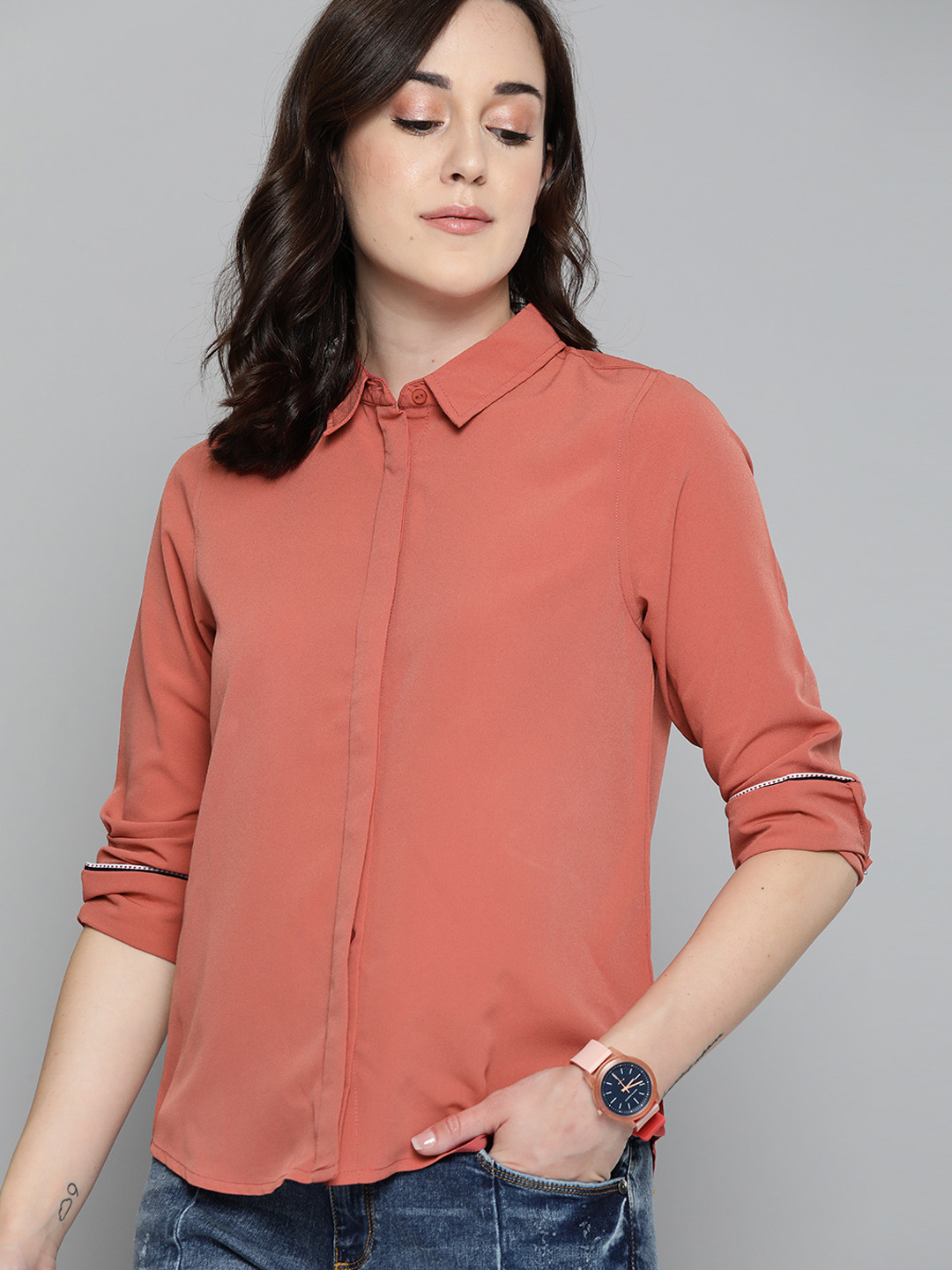 Harvard Women Pink Regular Fit Solid Casual Shirt