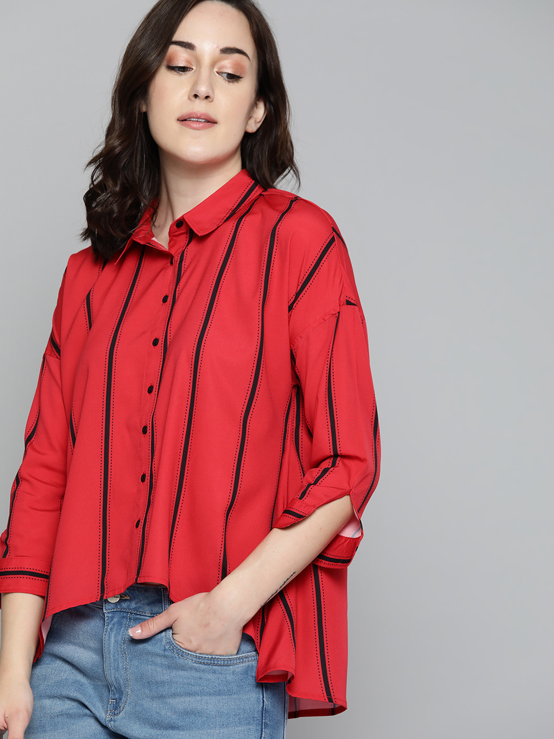 Harvard Women Red & Black Regular Fit Striped High-Low Casual Shirt