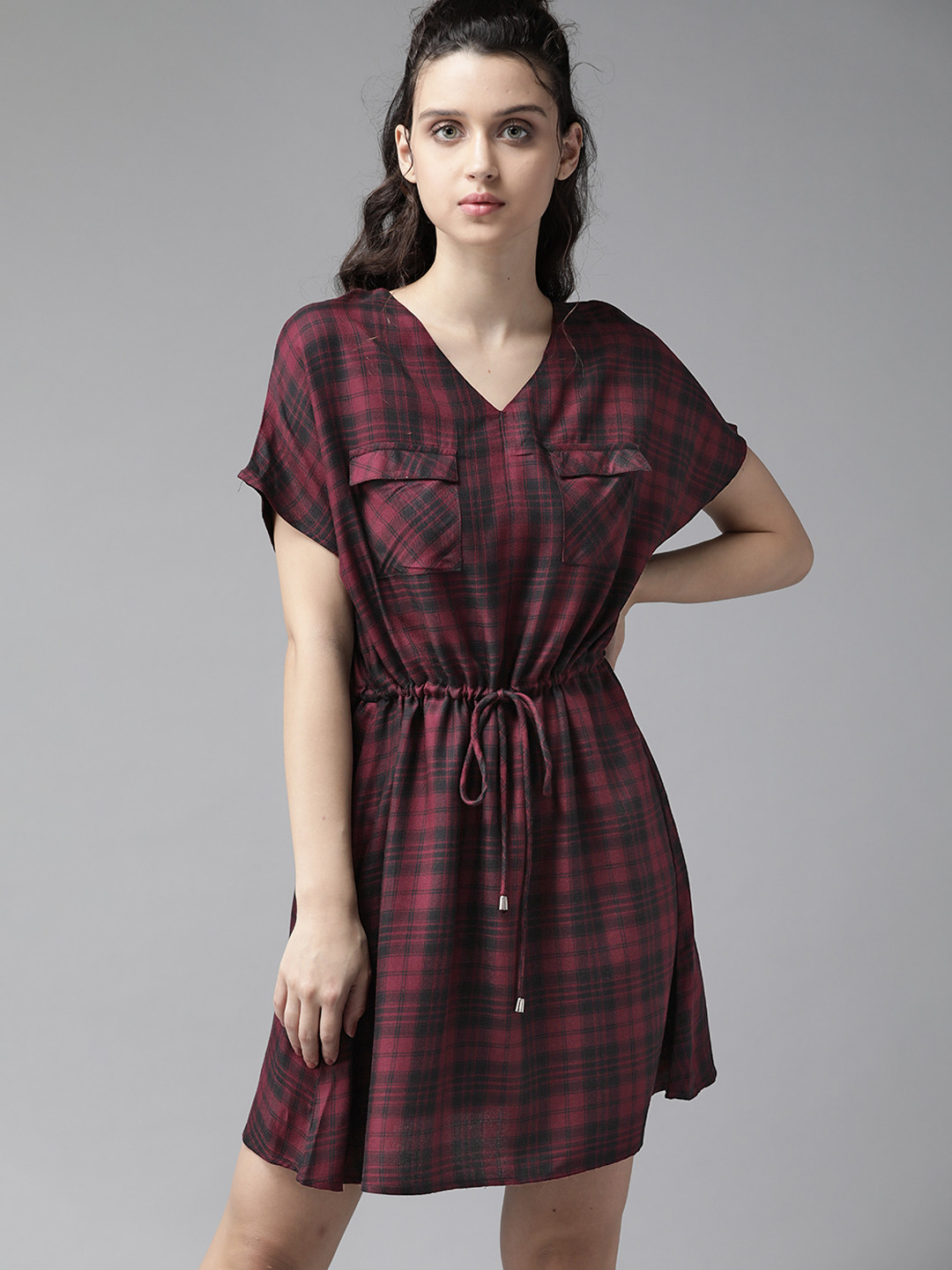 The Roadster Lifestyle Co Women Maroon  Black Checked A-Line   ECOVERO Dress
